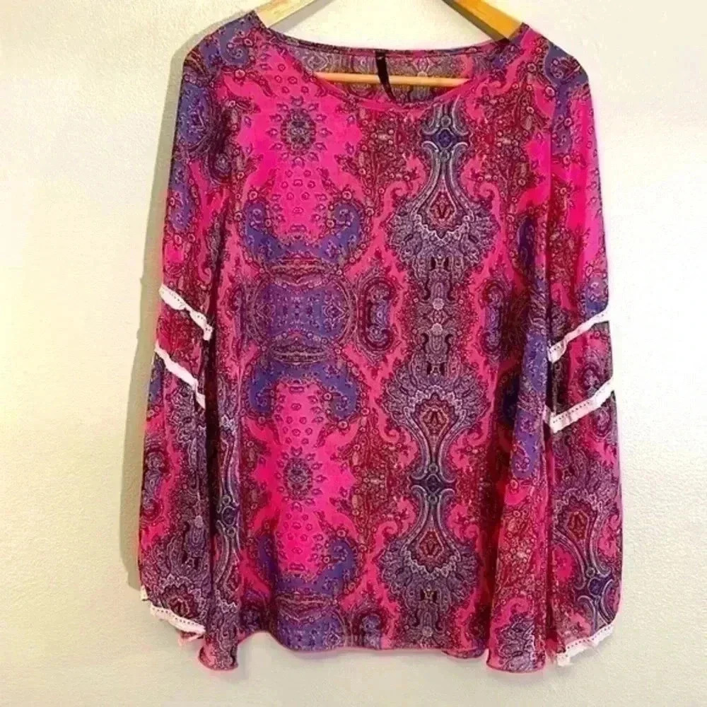 Love Culture Pink Sheer Bell Sleeve Top Blouse